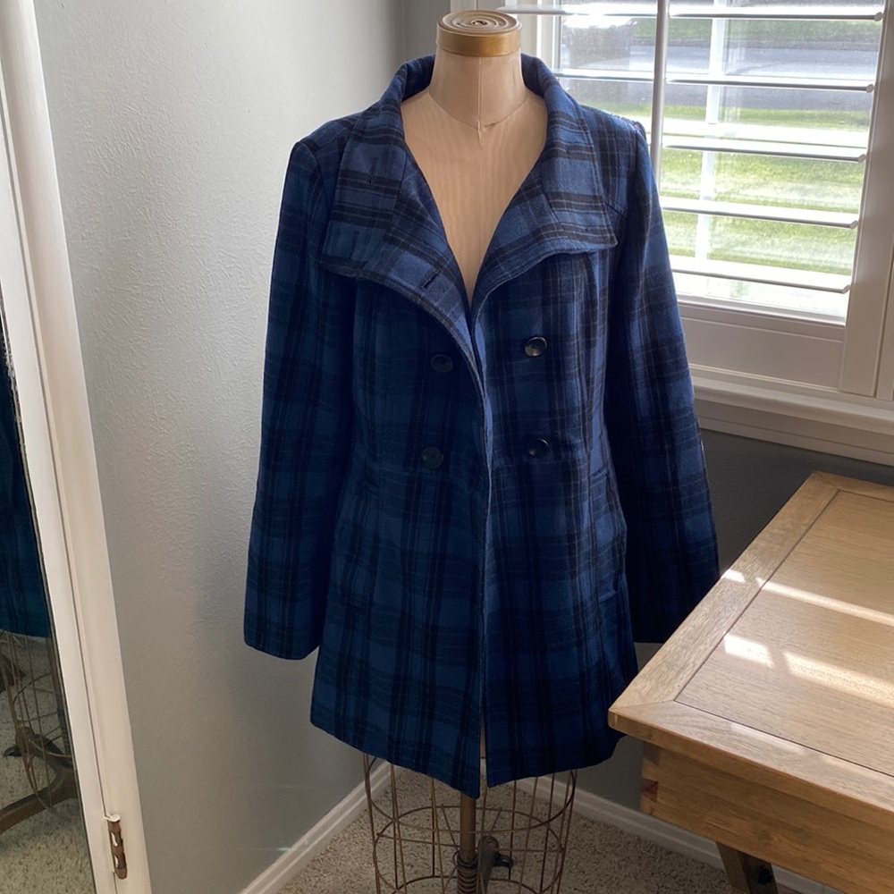 Blue plaid pea coat